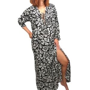 MIKOH Hele Cotton Silk Kaftan Maxi Dress Cover-up Black White M